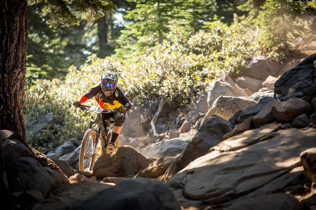 Challenging rock gardens are a favorite feature for most riders. Ariana Altier shows her prowess in negotiating them. Photo: Called to Creation.