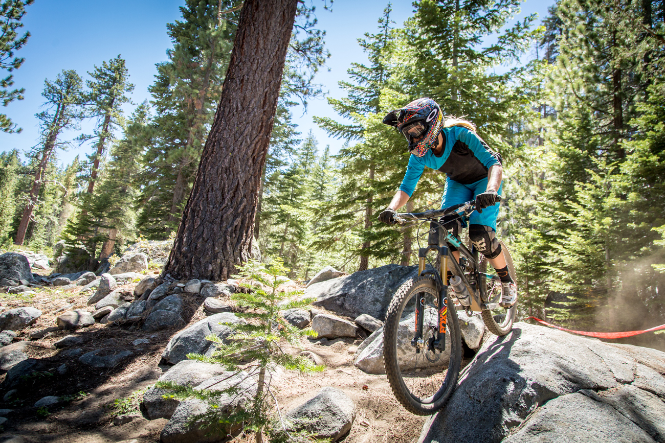 Lauren Gregg (FOX) dialing in her line through the rock garden during practice. The rock gardens on stage 3 had people fired up, and were the site of much sessioning during practice. Gregg went on to a fifth place pro womens finish.